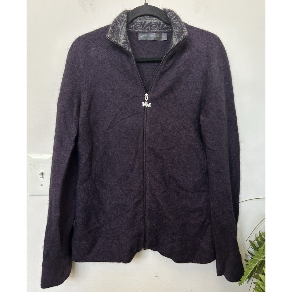 Merinomink New Zealand Possum Merino Wool Silk Full Zip Cardigan Sweater Plum S